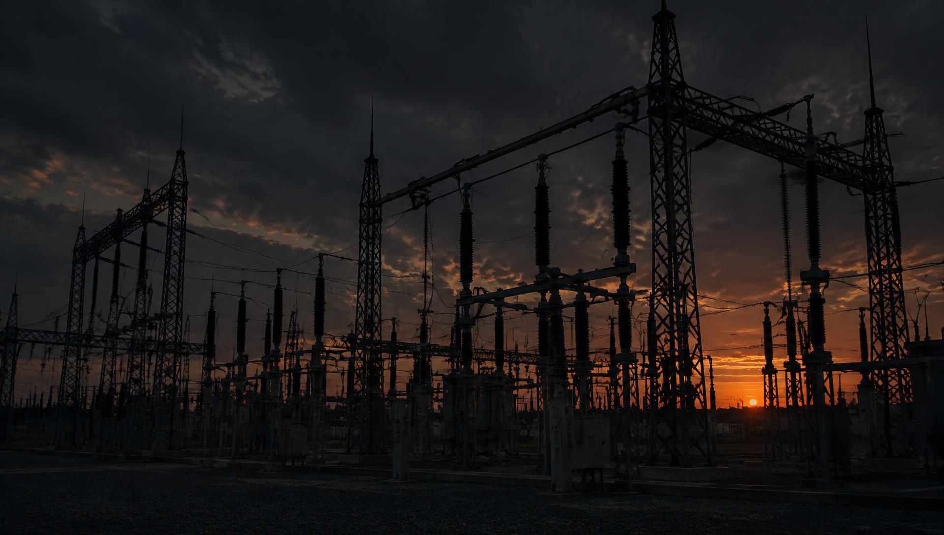 High-voltage substation at dusk